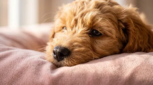 Goldendoodle Puppy Resting on Pink Cushion