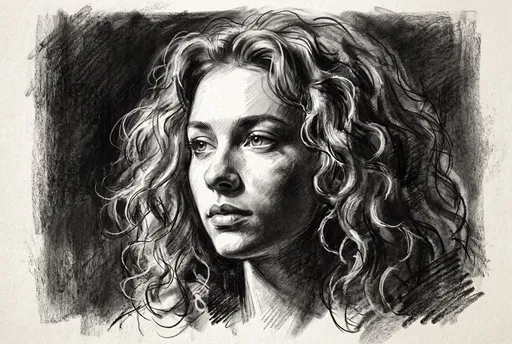 Charcoal Portrait of Curly Haired Woman