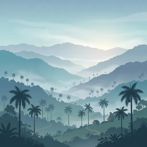 Misty Tropical Mountains With Palm Trees