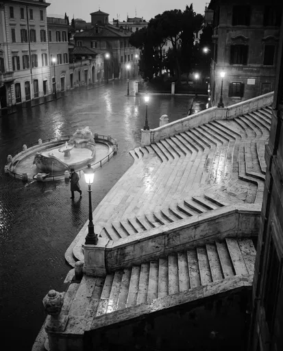 Rainy Spanish Steps in Black and White