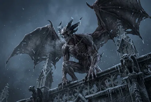 Winged Gargoyle Monster on Icy Gothic Ledge