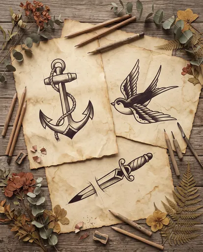 Vintage Traditional Tattoo Sketches Flat Lay