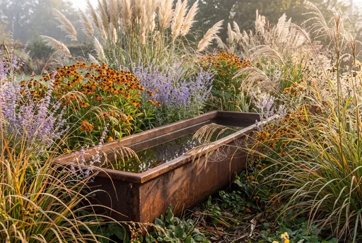 Rusted Water Trough in Autumn Garden