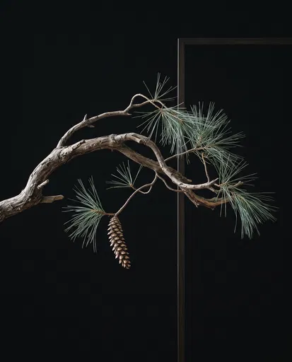 Minimalist Pine Branch Against Black Background