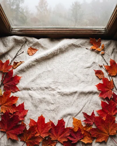 Autumn Maple Leaves Border on Linen Sill