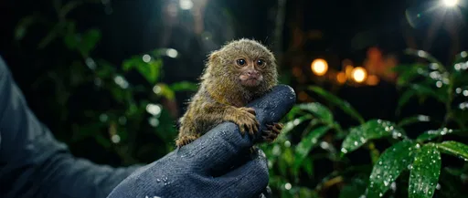 Pygmy Marmoset on Gloved Finger at Night