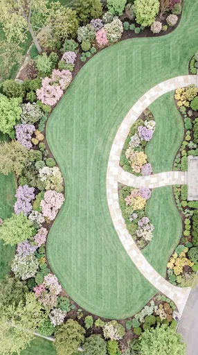 Aerial View of Manicured Lawn and Walkway