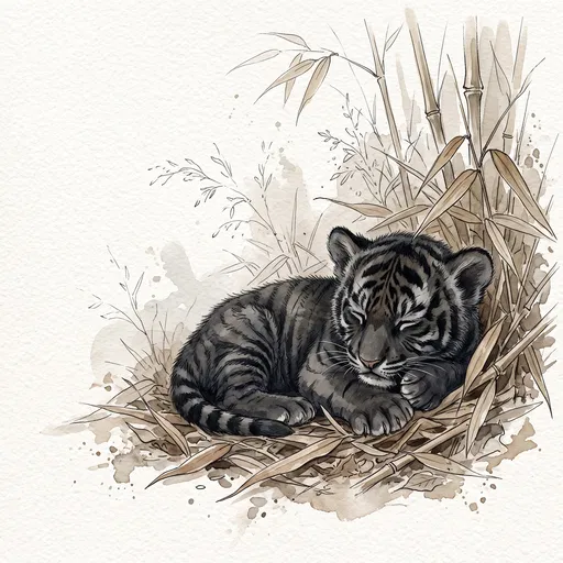 Watercolor Sleeping Black Tiger Cub Illustration