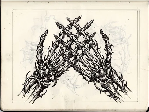 Sketchbook Scan of Interlocking Skeletal Thorn Hands