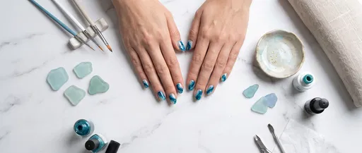 Ocean Blue Marble Manicure Flat Lay