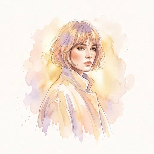 Watercolor Fashion Portrait of Woman with Bob