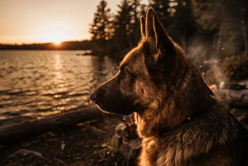 German Shepherd Profile at Lakeside Sunset