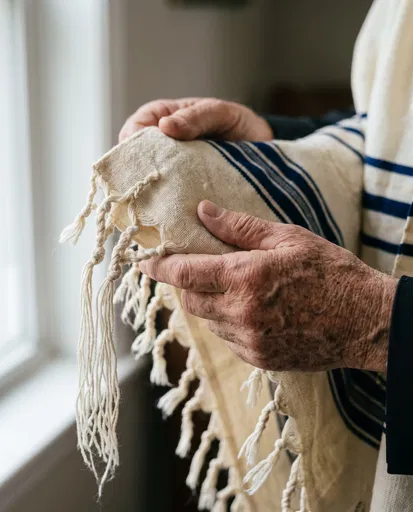 Elderly Hands Holding Traditional Prayer Shawl