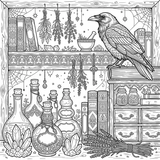 Apothecary Shelf With Raven Coloring Page