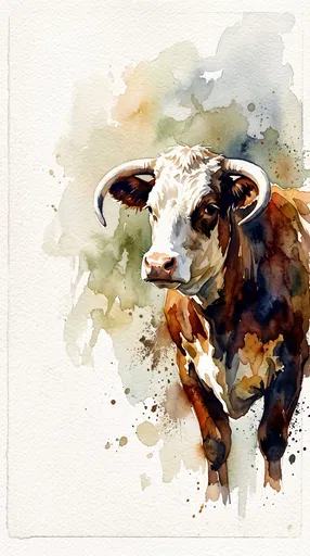 Watercolor Horned Hereford Cow Illustration