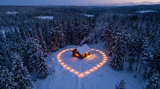 Snowy Cabin Inside Glowing Heart of Lanterns