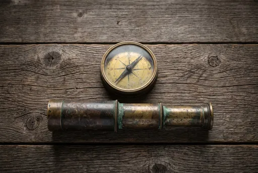 Antique Brass Spyglass and Compass on Wood