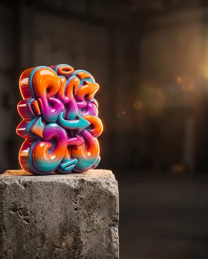 Glossy 3D Graffiti Sculpture on Concrete Plinth