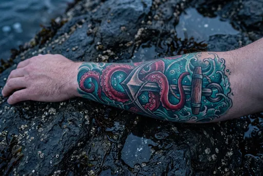 Colorful Octopus and Anchor Forearm Tattoo