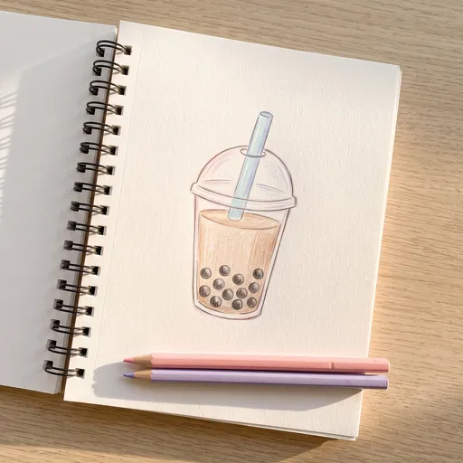 Colored Pencil Bubble Tea Sketch in Notebook