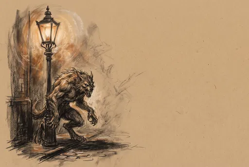 Charcoal Sketch of Werewolf by Streetlamp