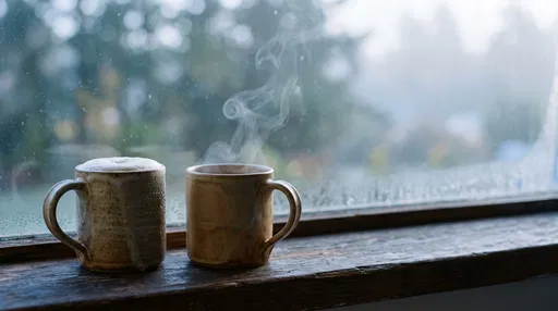 Two Ceramic Coffee Mugs on Rustic Windowsill