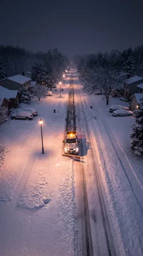Aerial View of Snow Plow at Night