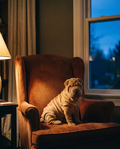 Shar-Pei Puppy Sitting on Velvet Armchair