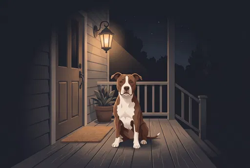 Pit Bull Sitting on Porch at Night