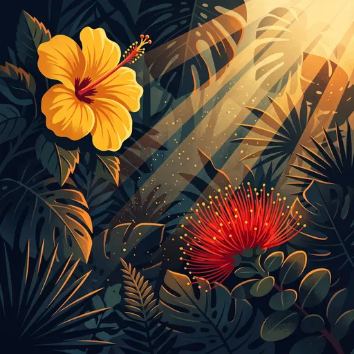 Yellow Hibiscus and Red Ohia Lehua Illustration
