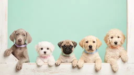 Five Puppies Leaning Over White Frame