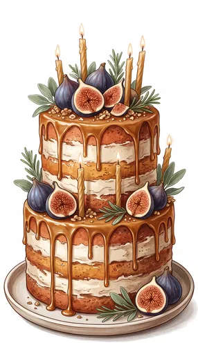 Artisanal Fig and Caramel Birthday Cake Illustration