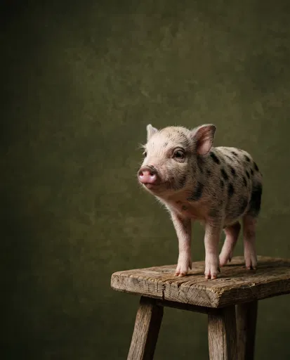 Speckled Piglet Standing on Wooden Stool