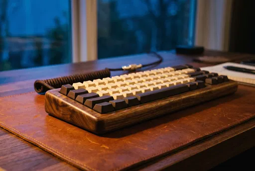 Custom Walnut Mechanical Keyboard on Leather Mat