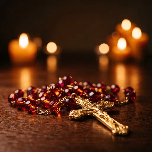 Ruby Rosary and Gold Crucifix by Candlelight