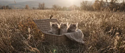 Three Fluffy Kittens in Meadow Basket