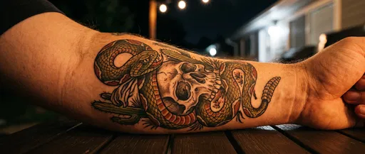 Forearm Tattoo of Rattlesnake and Skull