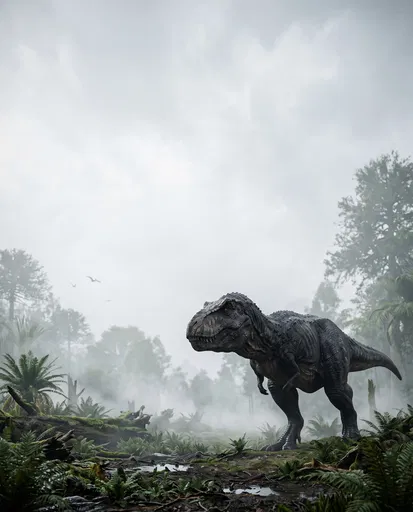 Tyrannosaurus Rex in Misty Prehistoric Forest