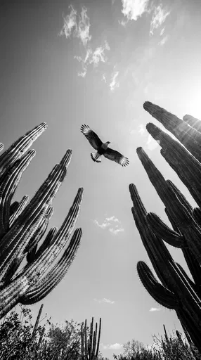 Eagle Soaring Above Tall Desert Cacti