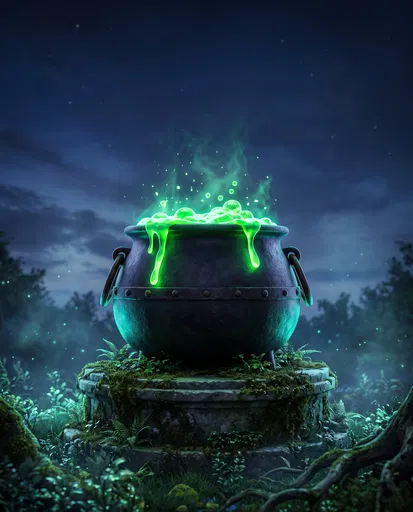 Glowing Witch Cauldron on Mossy Pedestal