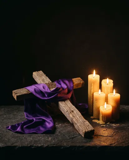 Wooden Cross With Purple Silk and Candles