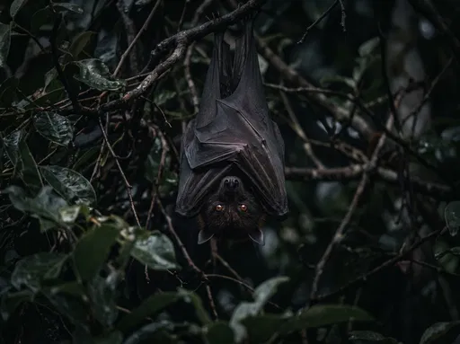 Fruit Bat Hanging in Dark Canopy