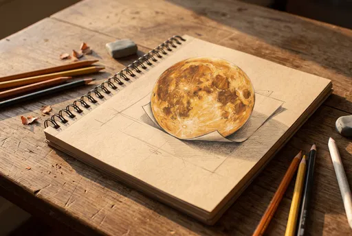 Trompe-l'oeil Moon Drawing on Sketchbook