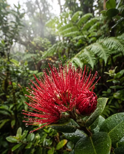 Red Ohia Lehua Blossom With Raindrops