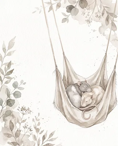 Watercolor Rats Sleeping in Hanging Hammock