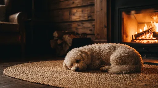 White Dog Sleeping by Cozy Fireplace