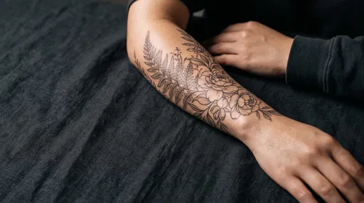 Botanical Forearm Tattoo on Dark Linen