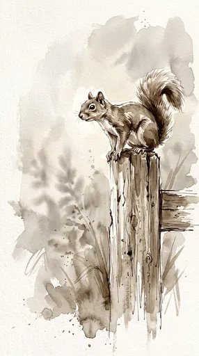 Sepia Ink Drawing of Perched Squirrel