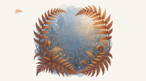 Autumn Ferns Framing Dewy Spiderweb Illustration