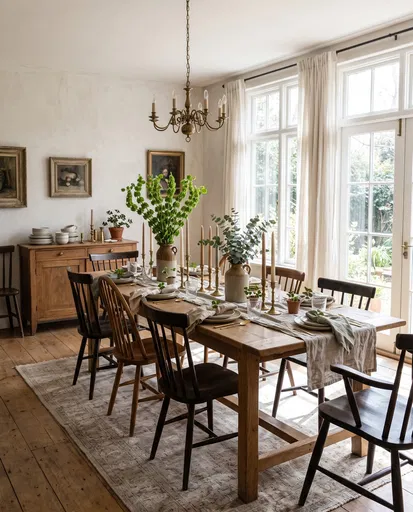 Sunlit Rustic Dining Room with Green Florals